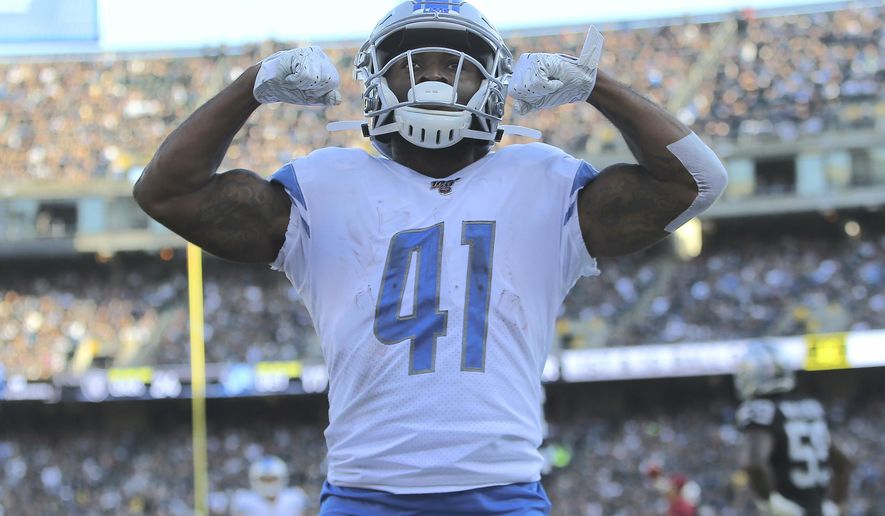 Detroit Lions running back J.D. McKissic (41) celebrates after scoring against the Oakland Raiders during the second half of an NFL football game in Oakland, Calif., Sunday, Nov. 3, 2019. (AP Photo/John Hefti) ** FILE **