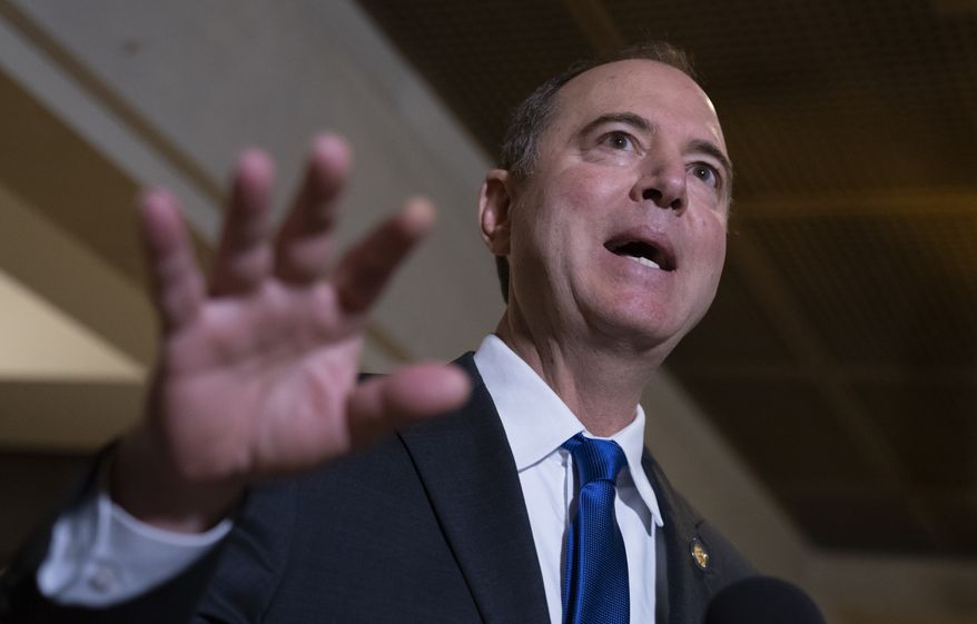 Rep. Adam Schiff, chairman of the House Intelligence Committee, speaks to reporters after witnesses failed to appear under subpoena before House impeachment investigators following President Donald Trump&#39;s orders not to cooperate with the probe, in Washington, Monday, Nov. 4, 2019. John Eisenberg, the lead lawyer for the National Security Council, and National Security Council aide Michael Ellis, were scheduled to testify early Monday but not appear. (AP Photo/J. Scott Applewhite)