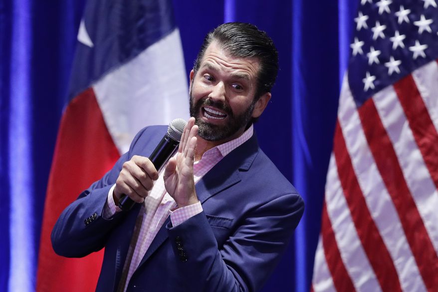 In this Oct. 15, 2019, file photo, Donald Trump, Jr. speaks to supporters of his father, President Donald Trump, during a panel discussion in San Antonio. (AP Photo/Eric Gay, File)