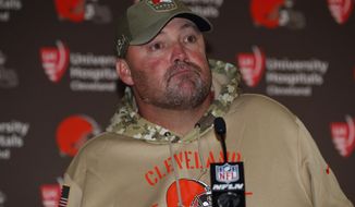 FILE - In this Sunday, Nov. 3, 2019, file photo, Cleveland Browns head coach Freddie Kitchens speaks after an NFL football game against the Denver Broncos, in Denver. Cleveland dropped its fourth straight game Sunday, losing 24-19 to the Broncos. (AP Photo/David Zalubowski, FIle)