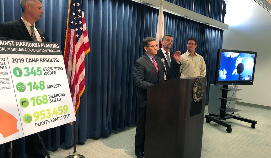 California Attorney General Xavier Becerra, at podium, discusses the results of an illegal marijuana eradication program during a press conference Monday, Nov. 4, 2019, in Los Angeles. The the results are part of an effort to target illegal cannabis grows on public lands statewide. (AP Photo/Stefanie Dazio)