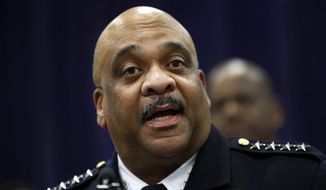 FILE - In this Oct. 28, 2019 file photo, Chicago Police Supt. Eddie Johnson speaks in Chicago. Johnson says he&#39;s thinking about retiring but won&#39;t say when that might be. On Monday, Nov. 4, 2019, Johnson was at City Hall for a budget hearing when he spoke to reporters about speculation that he&#39;ll retire soon from the job he&#39;s held for more than three years and from the department he joined more than three decades ago. (AP Photo/Charles Rex Arbogast File)