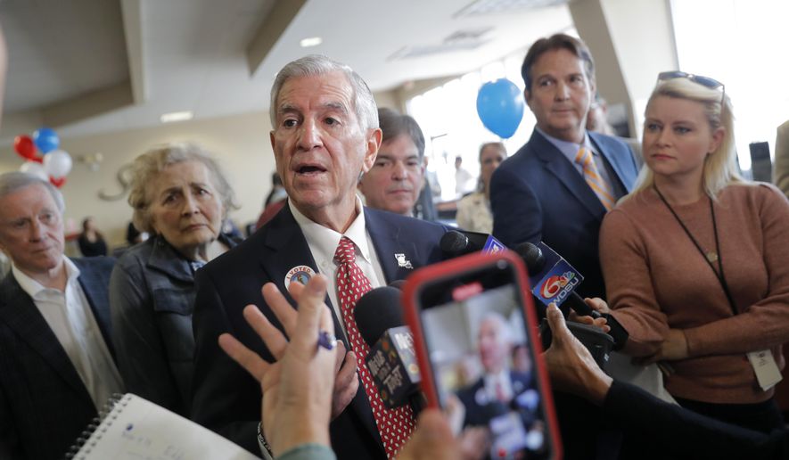 Louisiana&#x27;s Republican gubernatorial candidate Eddie Rispone talks to media on a campaign stop at New Orleans International Airport in Kenner, La., Monday, Nov. 4, 2019. Rispone says a radio ad linking him and President Donald Trump to former Ku Klux Klan leader David Duke is &amp;quot;disgusting.&amp;quot; Rispone is blaming Democratic incumbent John Bel Edwards for the advertising by the New Orleans-based Black Organization for Leadership Development. There&#x27;s no evidence Edwards is connected to the effort. (AP Photo/Gerald Herbert)