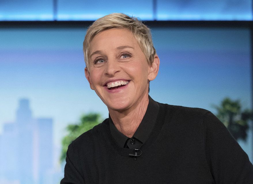 FILE - In this Oct. 13, 2016 file photo, Ellen DeGeneres appears during a commercial break at a taping of "The Ellen Show" in Burbank, Calif. The Golden Globe Awards announced Monday, Nov. 5, 2019, it will give its new Carol Burnett Award, a TV special achievement trophy, to DeGeneres who has been a pioneering sitcom star, a TV talk show host and a game show host. (AP Photo/Andrew Harnik, File)