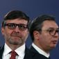 Matthew Palmer, Deputy Assistant Secretary of the U.S.Department of State - Bureau of European and Eurasian Affairs, left, and Serbian President Aleksandar Vucic arrive for a news conference after their meeting in Belgrade, Serbia, Monday, Nov. 4, 2019. The U.S. has intensified efforts to help relaunch stalled talks on normalizing relations between Serbia and Kosovo, a former province whose 2008 declaration of independence Belgrade does not recognize. (AP Photo/Darko Vojinovic)