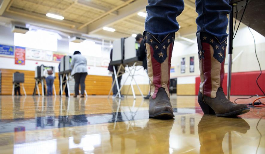 Chief Election Official Sandy Pace wears her patriotic-themed boots while staffing the polling station at Drew Middle School on Election Day in Stafford, Va., Tuesday, Nov. 5, 2019. (Mike Morones/The Free Lance-Star via AP)