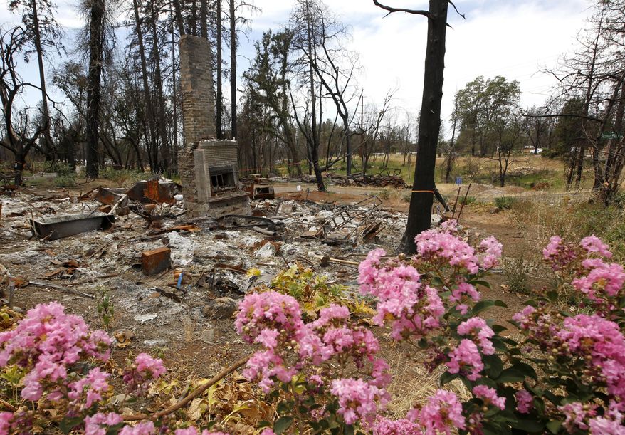 FILE - In this Aug. 21, 2019, file photo, flowers brighten the burned out remains of a home destroyed by the previous year&#39;s Camp Fire, in Paradise, Calif. Pacific Gas &amp;amp; Electric has agreed to extend by two months the deadline to file claims against the company for damages suffered from a series of wildfires in California. (AP Photo/Rich Pedroncelli, File)