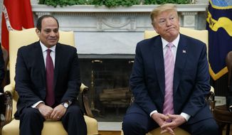 FILE - In this April 9, 2019 file photo, President Donald Trump meets with Egyptian President Abdel Fattah el-Sisi in the Oval Office of the White House in Washington. El-Sissi thanked Trump late Monday, Nov. 4,  for his &amp;quot;generous concern&amp;quot; for helping revive Egypt&#x27;s deadlocked dispute with Ethiopia over its construction of a massive upstream Nile dam. (AP Photo/Evan Vucci, File)