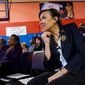 FILE - In this Friday, March 22, 2019, file photo, Flint Mayor Karen Weaver listens during a presentation and announcement by tech billionaire Elon Musk at Doyle-Ryder Elementary School in Flint, Mich. Weaver faces off Tuesday, Nov. 5, 2019, against Sheldon Neeley, a state representative and former city councilman, in the city&#39;s mayoral race. (Jake May/The Flint Journal via AP, File)