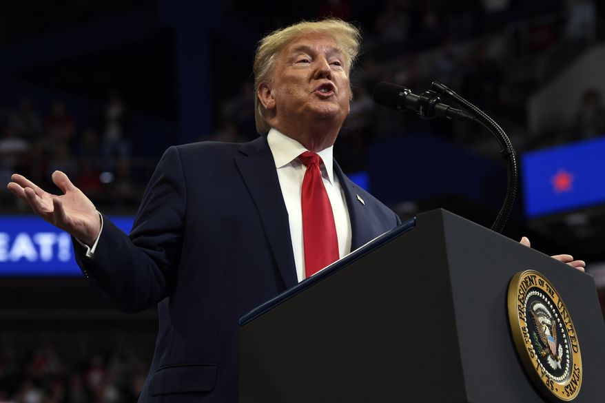 In this Monday, Nov. 4, 2019, file photo, President Donald Trump speaks during a campaign event in Lexington, Ky. (AP Photo/Susan Walsh, File)