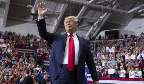 President Donald Trump arrives to speak at a campaign rally at the Monroe Civic Center, Wednesday, Nov. 6, 2019, in Monroe, La. (AP Photo/ Evan Vucci)