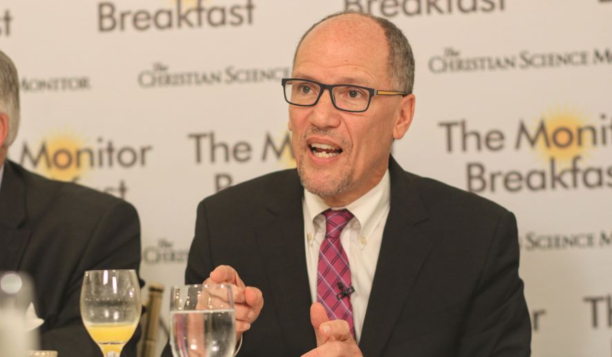 Democratic National Committee Chair Tom Perez speaks during a breakfast sponsored by the Christian Science Monitor in D.C. on Nov. 6. (Timmy Broderick/The Christian Science Monitor)