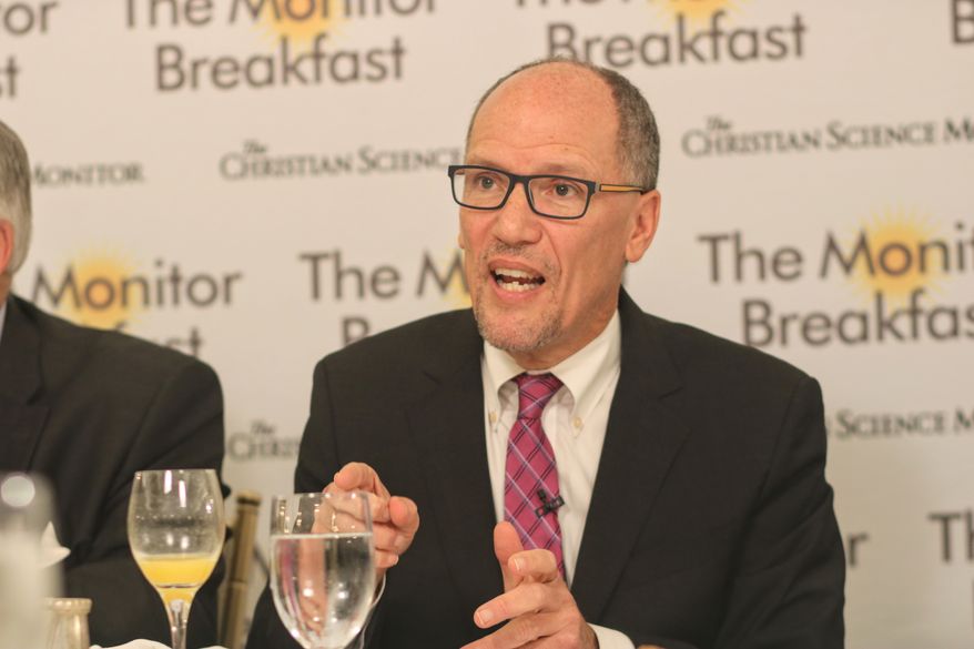 Democratic National Committee Chair Tom Perez speaks during a breakfast sponsored by the Christian Science Monitor in D.C. on Nov. 6. (Timmy Broderick/The Christian Science Monitor)