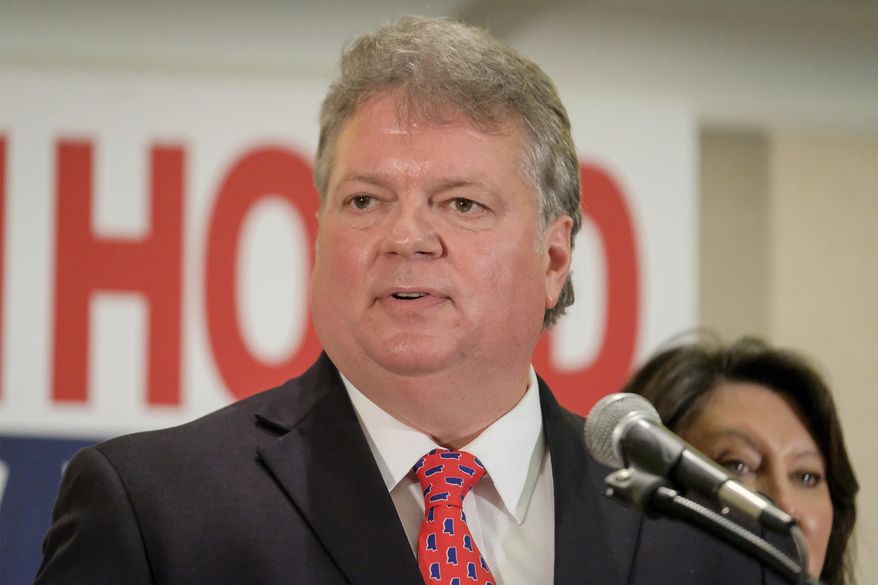 Democratic candidate and state Attorney General Jim Hood talks to his supporters after conceding to Gov.-elect Tate Reeves, Tuesday, Nov. 5, 2019, at Hilton Gardens Inn in Jackson, Miss. (AP Photo/Charles A. Smith)