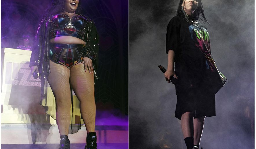 This combination photo shows Lizzo performing at The Hollywood Palladium in Los Angeles on Oct. 18, 2019, left, and Billie Eilish performing at the Coachella Music &amp;amp; Arts Festival in Indio, Calif., on April 20, 2019. Eilish and Lizzo will perform at the 2019 American Music Awards, airing live on ABC from the Microsoft Theater in Los Angeles on Nov. 24.  (AP Photo)