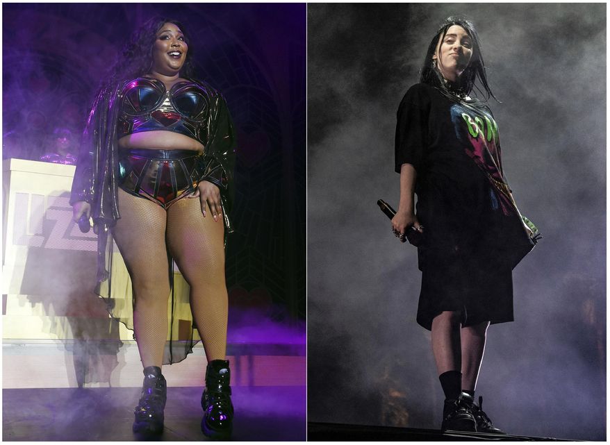 This combination photo shows Lizzo performing at The Hollywood Palladium in Los Angeles on Oct. 18, 2019, left, and Billie Eilish performing at the Coachella Music &amp;amp; Arts Festival in Indio, Calif., on April 20, 2019. Eilish and Lizzo will perform at the 2019 American Music Awards, airing live on ABC from the Microsoft Theater in Los Angeles on Nov. 24.  (AP Photo)