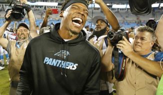 FILE - In this Aug. 9, 2017, file photo, Carolina Panthers quarterback Cam Newton laughs after the second half of an NFL preseason football game against the Houston Texans, in Charlotte, N.C. Cam Newton is a former league MVP and the long-time face of the Panthers franchise. But it&#39;s hard not to wonder if his future in Carolina is coming to an end following his recent spate of injuries. (AP Photo/Jason E. Miczek, File)