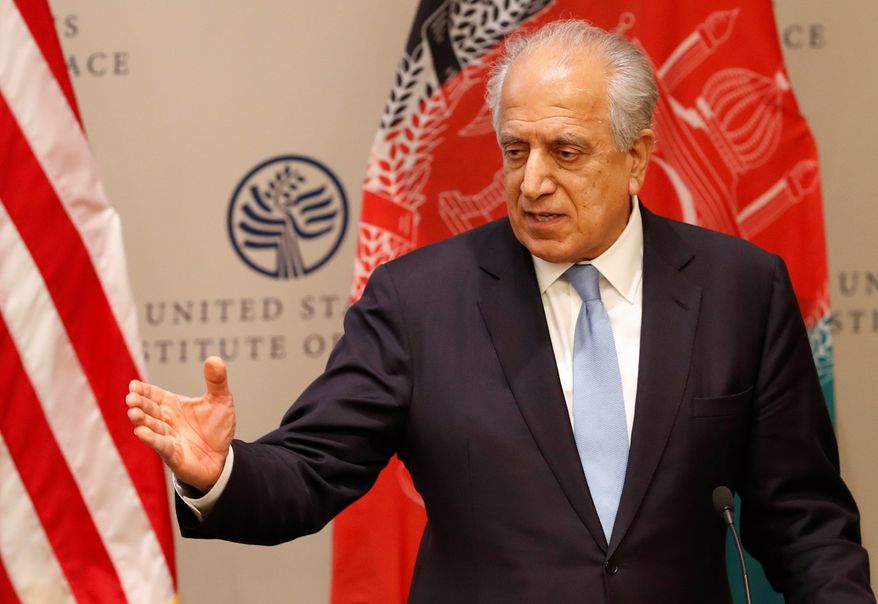 FILE — In this Feb. 8, 2019, file photo, Special Representative for Afghanistan Reconciliation Zalmay Khalilzad at the U.S. Institute of Peace, in Washington. Representatives of Russia, China, the United States and Pakistan have agreed that negotiation is the only road to peace in Afghanistan, including an early resumption of direct U.S. talks with the Taliban. In a statement released at the end of meetings in Moscow on Friday, Oct. 25, China, Russia and Pakistan called on Washington to return to the negotiation table with the Taliban and sign an agreement that will set the stage for Afghans on both sides of the protracted conflict to start face-to-face discussions on what a post-war Afghanistan would look like. Khalilzad had a preliminary peace deal with the Taliban until President Donald Trump in September declared the talks dead after a series of attacks killed several people, including a U.S. soldier. (AP Photo/Jacquelyn Martin, File)