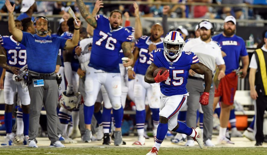 Buffalo Bills running back Christian Wade (45) of Britain brought attention to the NFL’s movement in August when he took his first carry in a preseason game and sprinted 65 yards for a touchdown. (Associated Press)