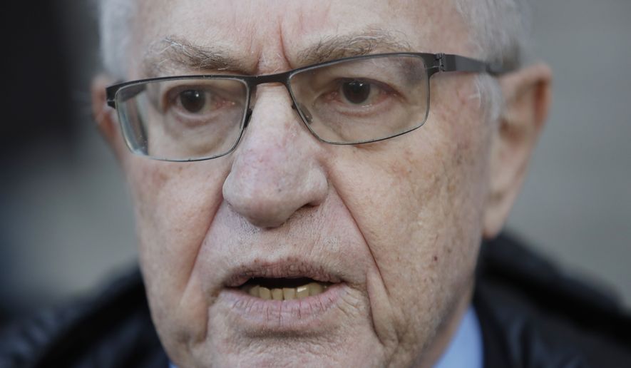 FILE - In this March 6, 2019 file photo, attorney Alan Dershowitz speaks during a news interview outside of Manhattan Federal Court  in New York. Dershowitz asked a federal judge Tuesday, Sept. 24,  to throw out a lawsuit that accuses him of lying about his sexual history with a woman who claims she was a teenage victim of a Jeffrey Epstein sex trafficking ring. (AP Photo/Frank Franklin II, File)