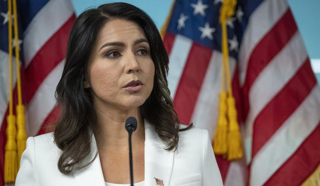 In this Oct. 29, 2019, file photo, Democratic presidential candidate Rep. Tulsi Gabbard, D-Hawaii, speaks during a news conference in New York. Gabbard’s fellow Democrats are nervous that she will mount a third-party bid for president. (AP Photo/Mary Altaffer, File)