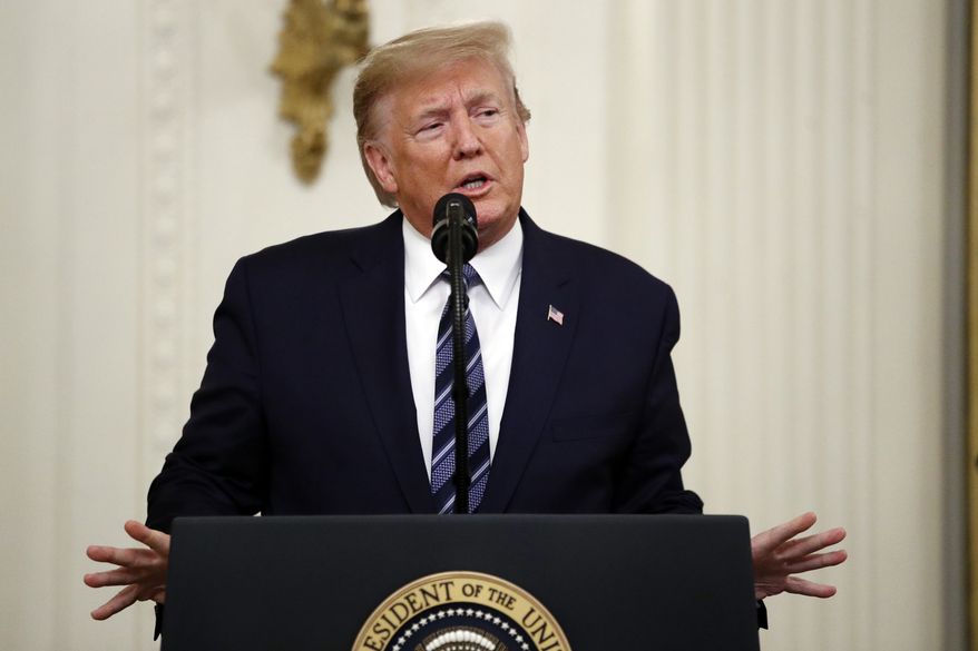 President Donald Trump speaks during a ceremony to present the Presidential Citizens Medal posthumously to Rick Rescorla in the East Room of the White House, Thursday, Nov. 7, 2019, in Washington. (AP Photo/Patrick Semansky)