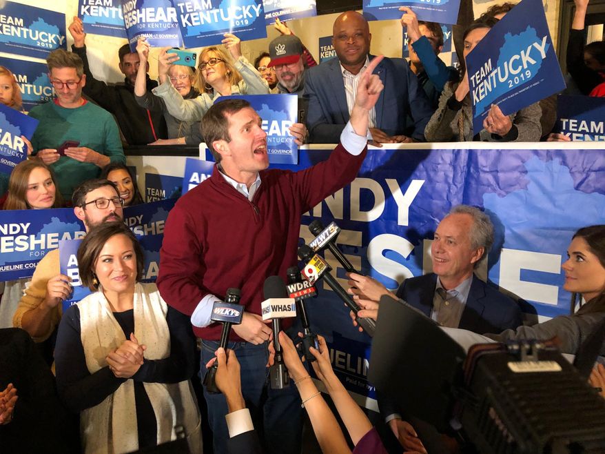 Democrat Andy Beshear speaks to supporters after a daylong tour of Kentucky on the last night of the campaign for governor, in Louisville, Ky., Monday, Nov. 4, 2019. Beshear traveled the state as his opponent, Republican Gov. Matt Bevin, welcomed President Donald Trump for a rally Monday night in Lexington. Voters go to the polls Tuesday. (AP Photo/Dylan Lovan)