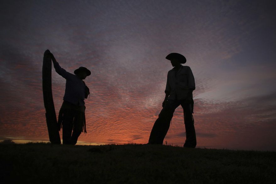 FILE - In this May 18, 2017 file photo, Joao Aquino Pereira, right, talks with fellow cowboy Rene Almeida at dawn in Corumba, in the Pantanal wetlands of Mato Grosso do Sul state, Brazil. As of Wednesday, Nov. 6 2019, fires in Brazil's Pantanal wetlands have ripped through the biodiverse region, consuming 15,000 football fields of vegetation in just the past 10 days, burning some animals alive and sending others fleeing. (AP Photo/Eraldo Peres, File)