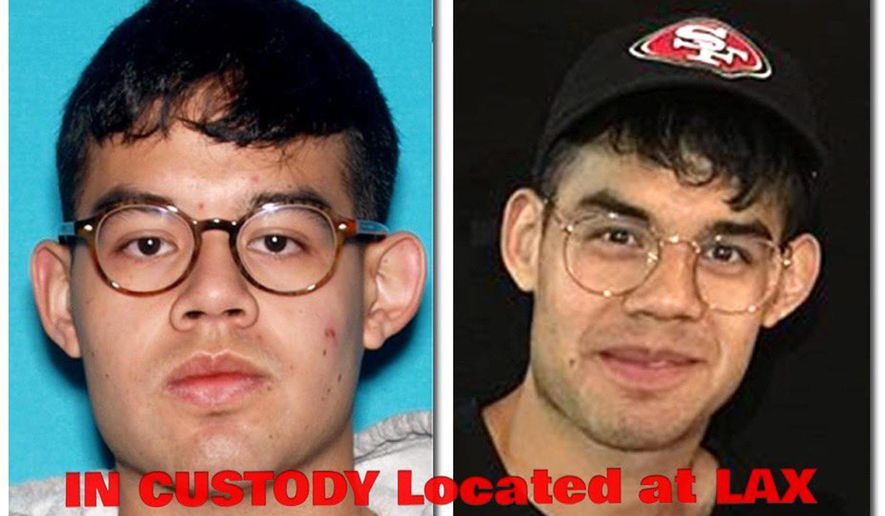 This photo combo provided by the Riverside County Sheriff's Office and manipulated by the source, shows images of Greg Abejon, the man who authorities say allegedly pointed a gun at a cafeteria table full of students but did not open fire at Mount San Jacinto College southeast of Los Angeles, Wednesday, Nov. 6, 2019. Police arrested Abejon, 25, at Los Angeles International Airport after he checked in for a flight, the Riverside County Sheriff's Office said on Twitter. No injuries were reported. It was not immediately clear if Abejon was a student. (Riverside County Sheriff's Office via AP)