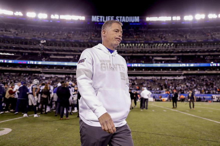 New York Giants head coach Pat Shurmur walks off the field after the Giants lost 37-18 to the Dallas Cowboys in an NFL football game, Monday, Nov. 4, 2019, in East Rutherford, N.J. (AP Photo/Adam Hunger)