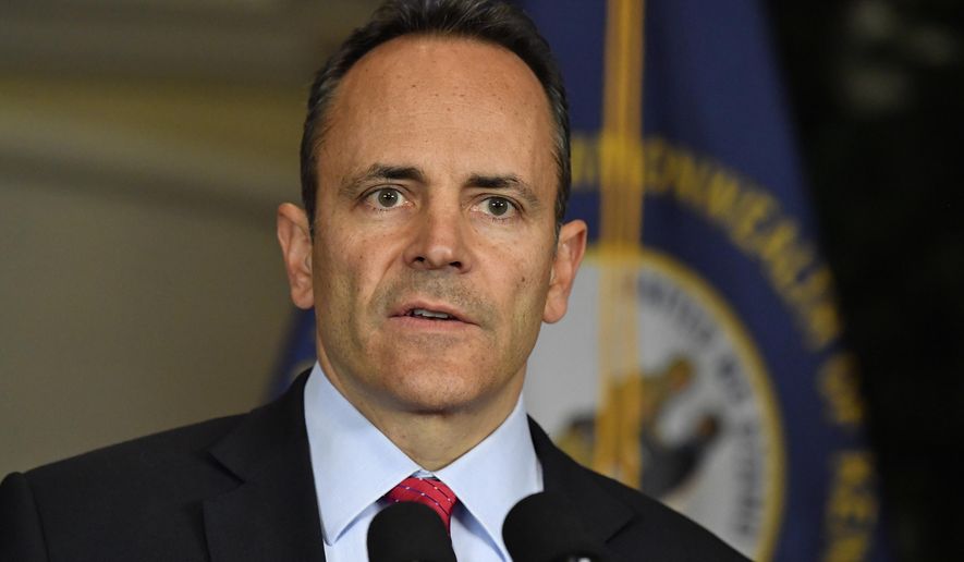 Kentucky Governor Matt Bevin announces his intent to call for a remcanvass of the voting results from Tuesday&#39;s gubernatorial elections during a press conference at the Governors&#39; Mansion in Frankfort, Ky., Wednesday, Nov. 6, 2019. (AP Photo/Timothy D. Easley)