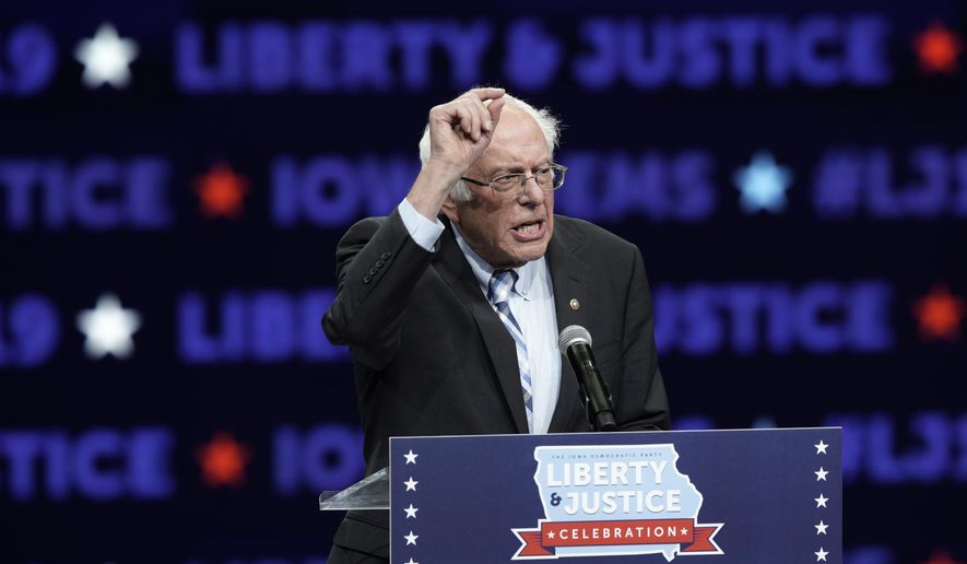 Democratic presidential candidate Sen. Bernie Sanders speaks during the Iowa Democratic Party's Liberty and Justice Celebration, Friday, Nov. 1, 2019, in Des Moines, Iowa. (AP Photo/Nati Harnik)