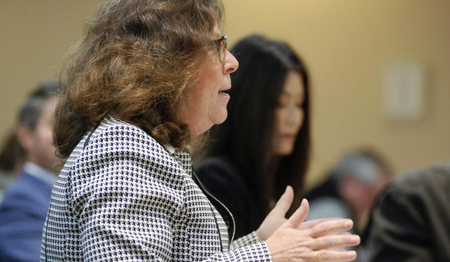 Consumer advocate Mariel Nanasi, director of New Energy Economy, asserts that provisions of a new state energy law are unconstitutional at a legislative hearing in Santa Fe, N.M., Thursday, Nov. 7, 2019. Legislators are mounting a vigorous defense of their authority to determine financial arrangement to close a major coal-fired power plant in northwestern New Mexico and to guide new energy investments toward cleaner alternatives. The Energy Transition Act of 2019 sets financial terms for closing the San Juan Generating Station and sets aggressive new goals for renewable energy development. (AP Photo/Morgan Lee)