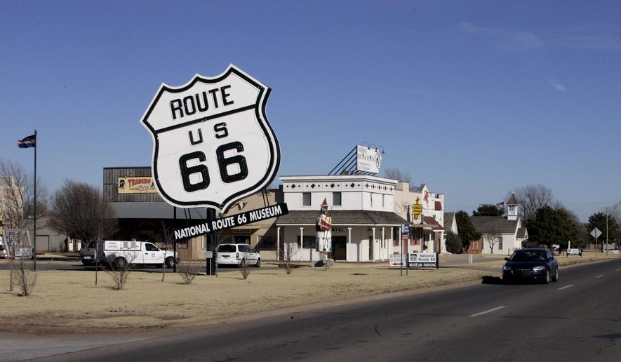 In this Jan. 31, 2006 file photo, the Route 66 Museum still dwarfs the landscape in Elk City, Okla. Republican Sen. Nathan Dahm said Wednesday, Nov. 6, 2019 that he is done trying to rename a portion of the iconic Route 66 highway in northeastern Oklahoma after President Donald Trump. (AP Photo, File)