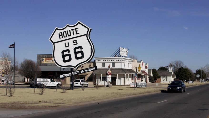 In this Jan. 31, 2006 file photo, the Route 66 Museum still dwarfs the landscape in Elk City, Okla. Republican Sen. Nathan Dahm said Wednesday, Nov. 6, 2019 that he is done trying to rename a portion of the iconic Route 66 highway in northeastern Oklahoma after President Donald Trump. (AP Photo, File)
