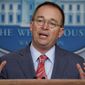 In this Oct. 17, 2019, file photo, then-acting White House Chief of Staff Mick Mulvaney speaks in the White House briefing room in Washington. (AP Photo/Evan Vucci, File)