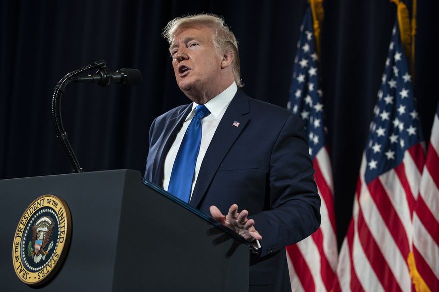 President Donald Trump speaks during the launch of "Black Voices for Trump," at the Georgia World Congress Center, Friday, Nov. 8, 2019, in Atlanta. (AP Photo/ Evan Vucci)