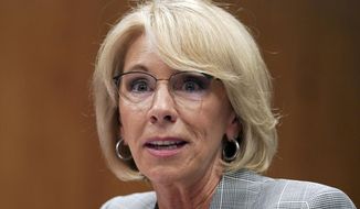 FILE - In this June 5, 2018, file photo, Education Secretary Betsy DeVos testifies during a Senate Subcommittee on Labor, Health and Human Services, Education, and Related Agencies Appropriations in Washington. Facing a federal lawsuit and mounting pressure to act, Education Secretary Betsy DeVos on Friday, Nov. 8, 2019, said she will forgive loans for more than 1,500 borrowers who attended a pair of for-profit colleges that shut down last year.  (AP Photo/Carolyn Kaster, File)