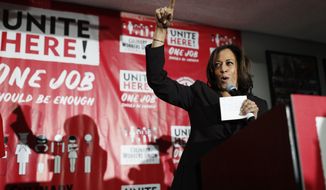 Democratic presidential candidate Sen. Kamala Harris, D-Calif., speaks at a town hall event at the Culinary Workers Union, Friday, Nov. 8, 2019, in Las Vegas. (AP Photo/John Locher)