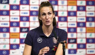 England&#x27;s Jill Scott speaks during the press conference at Wembley Stadium, London, Friday Nov. 8, 2019. Returning to play at Wembley Stadium for a third time is a chance for Jill Scott to reflect. Scott using another visit by Germany on Saturday to bask in the advances in women’s soccer in England. (Steven Paston/PA via AP)