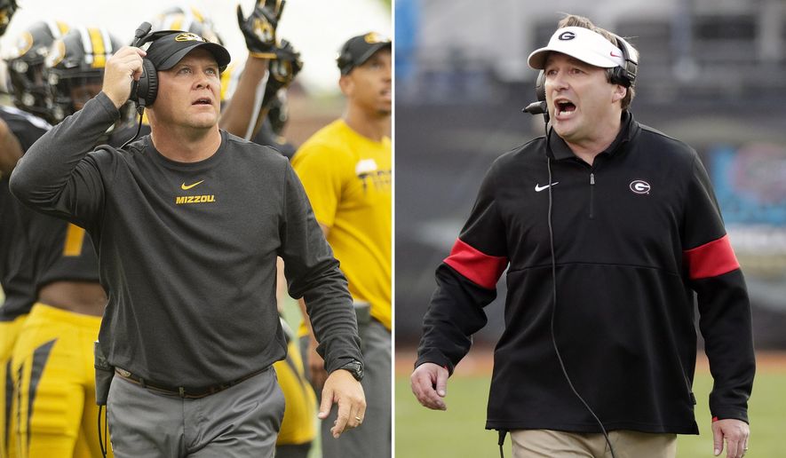 FILE - At left, in a Sept. 21, 2019, file photo, Missouri head coach Barry Odom watches a replay on the scoreboard during the first quarter of an NCAA college football game against South Carolina, in Columbia, Mo. At right, in a Nov. 2, 2019, file photo, Georgia head coach Kirby Smart directs his team against Florida during the second half of an NCAA college football game, in Jacksonville, Fla. When Southeastern Conference coaches gather and Georgia’s Kirby Smart wants to talk defense, he looks for Missouri’s Barry Odom. Both were defensive coordinators before being hired to take over programs at their alma maters. One more similarity: Smart and Odom bring the SEC’s top defenses into Saturday night’s important Eastern Division game. (AP Photo/File)