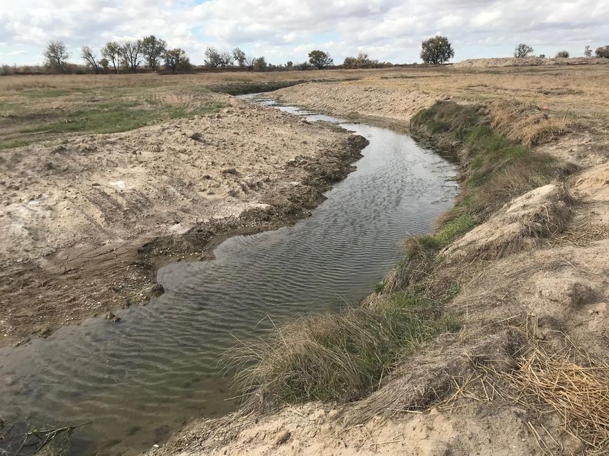 A new stream runs on Friday, Oct 18, 2019, near Mitchell, Neb. The first-of-its kind project could revive trout fishing in the area that disappeared decades ago. (Paul Hammel/The World-Herald via AP)