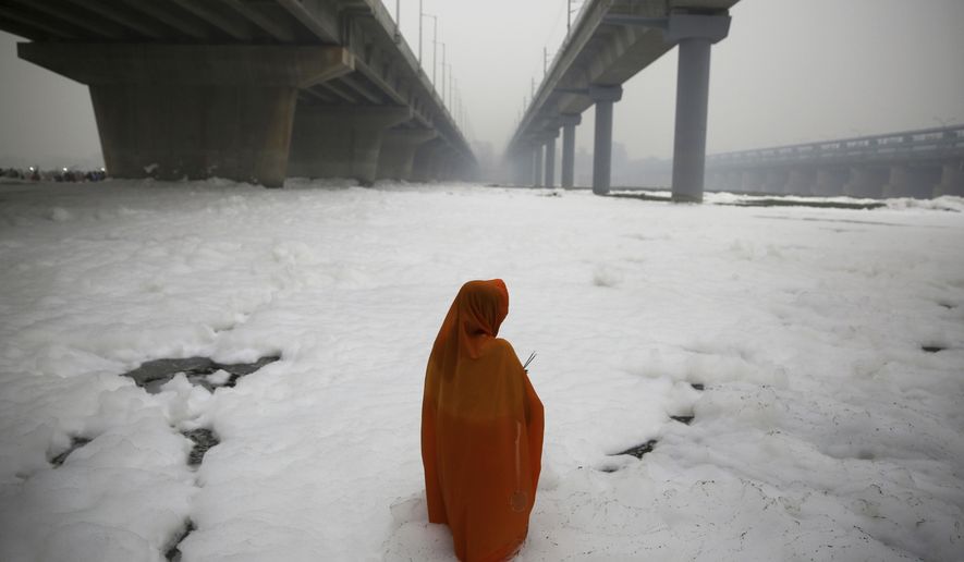 An Hindu devotee performs rituals in Yamuna River, covered by a chemical foam caused by industrial and domestic pollution, during the Chhath Puja festival in New Delhi, India, on Saturday, Nov. 2, 2019. The ancient festival expresses gratitude to the sun god for sustaining life on Earth. (AP Photo/Altaf Qadri)