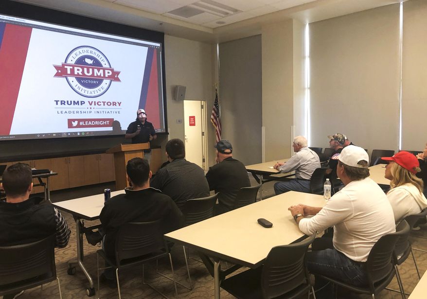 In this Saturday, Nov. 2, 2019, photo Chris Haskins, a regional field director for President Donald Trump's reelection campaign, leads a "Stop the Madness" training in Las Vegas. At a suburban Las Vegas library on a Saturday morning, a small group of Donald Trump supporters filed into an empty meeting room, where they quietly sat at tables watching a slideshow as the president's re-election campaign asked for their help to push back against the House impeachment investigation. (AP Photo/Michelle L. Price)