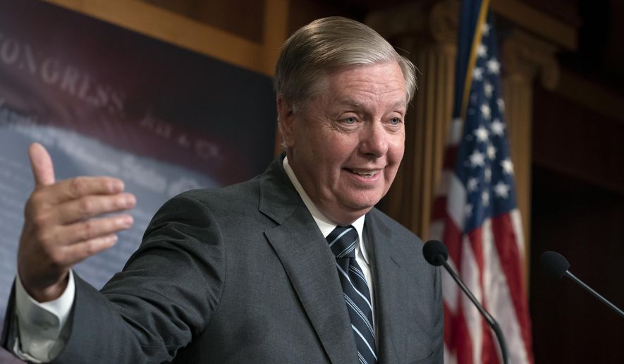 FILE - In this Oct. 24, 2019, file photo, Sen. Lindsey Graham, R-S.C., speaks during a news conference at the Capitol in Washington. Republicans have no unified argument in the impeachment inquiry of Donald Trump in large part because they can’t agree on how to defend the president. (AP Photo/J. Scott Applewhite, File)
