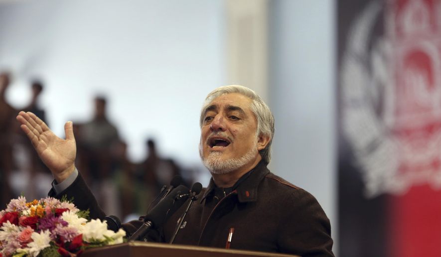 Afghan presidential candidate Abdullah Abdullah speaks to his supporters at a gathering in Kabul, Afghanistan, Sunday, Nov. 10, 2019. Abdullah has unilaterally withdrawn his team's election observers from an official recount of ballots ahead of long-delayed election results. (AP Photo/Rahmat Gul)
