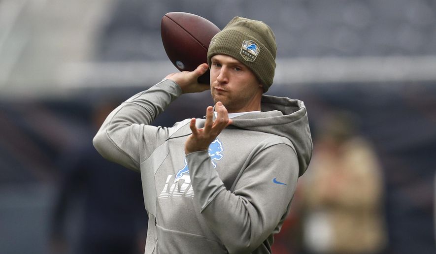 Detroit Lions quarterback Jeff Driskel throws before an NFL football game against the Chicago Bears in Chicago, Sunday, Nov. 10, 2019. (AP Photo/Charles Rex Arbogast)