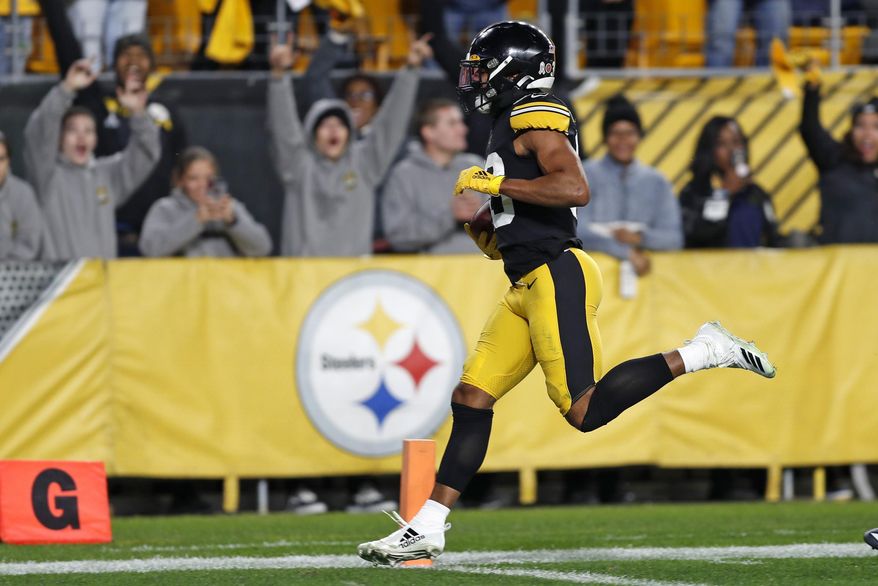 Pittsburgh Steelers free safety Minkah Fitzpatrick (39) crosses the goal line for a touchdown after recovering a fumble by Los Angeles Rams quarterback Jared Goff during the first half of an NFL football game in Pittsburgh, Sunday, Nov. 10, 2019. (AP Photo/Keith Srakocic)
