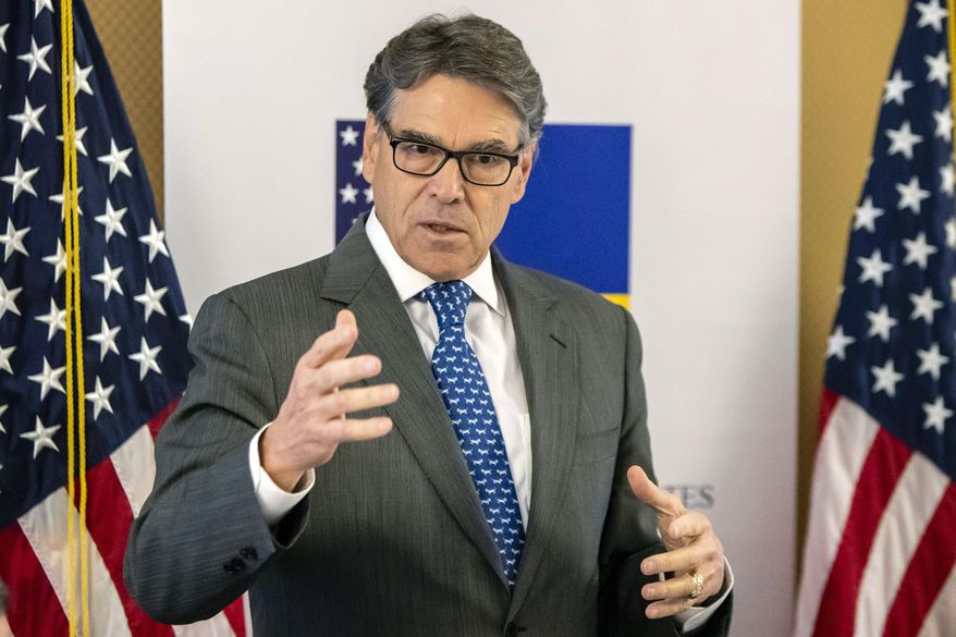 In this Nov. 12, 2018, photo provided by the U.S. Embassy in Kyiv, Energy Secretary Rick Perry speaks in Kyiv, Ukraine. Michael Bleyzer and Alex Cranberg, two political supporters of Perry, secured a potentially lucrative oil-and-gas exploration deal from the Ukrainian government soon after Perry proposed one of the men as an adviser to the country’s new president. (U.S. Embassy Kyiv via AP)