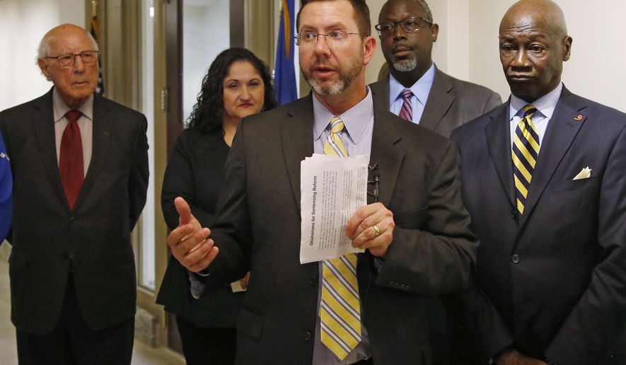 Former Republican House Speaker Kris Steele, the executive director of Oklahomans for Criminal Justice Reform, speaks after a group working to reduce Oklahoma's prison population launched an initiative petition that could lead to the release of hundreds more inmates, Tuesday, Nov. 12, 2019, in Oklahoma City. (AP Photo/Sue Ogrocki)